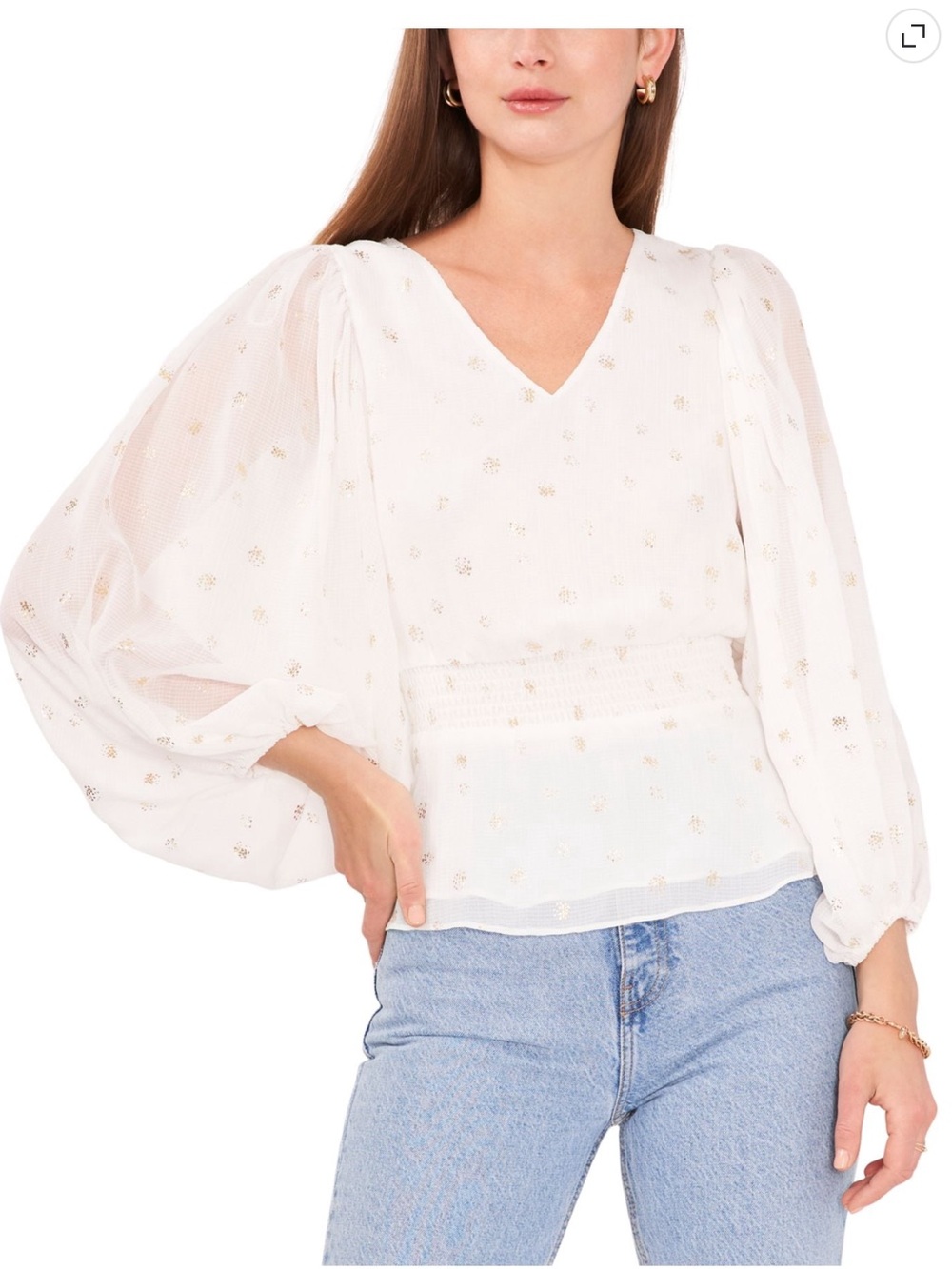 VINCE CAMUTO Womens Ivory Lined Sheer Smocked Waist Pouf
Sleeve V Neck Blouse XS